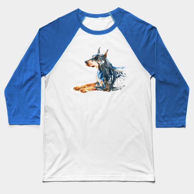 Watercolor Painting - Doberman Sitting Down Baseball T-Shirt by Marian Voicu